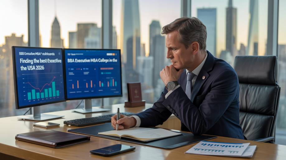 Finding the Best Executive MBA College in the USA 2026 enterprise director reviewing B2B executive MBA funding dashboards