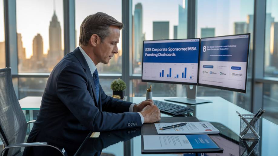 Finding the Best Corporate Sponsored MBA College in the USA 2026 Fortune 500 HR director reviewing B2B corporate sponsored MBA funding dashboards